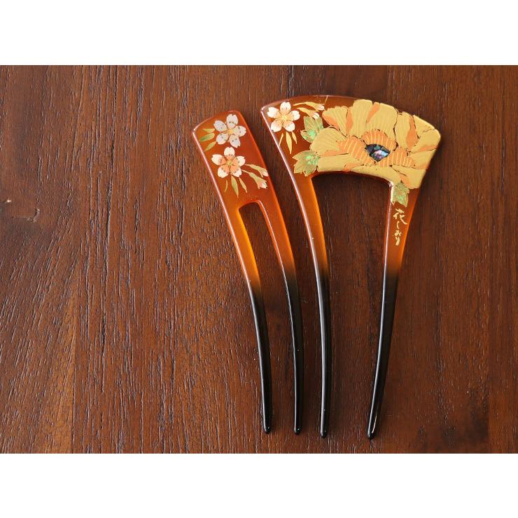 髪飾り バチ型 簪 花しおり 牡丹に桜かんざし(あめ色 2ペア 髪飾り バチ型 簪 花しおり 牡丹に桜かんざし(あめ色 2ペア