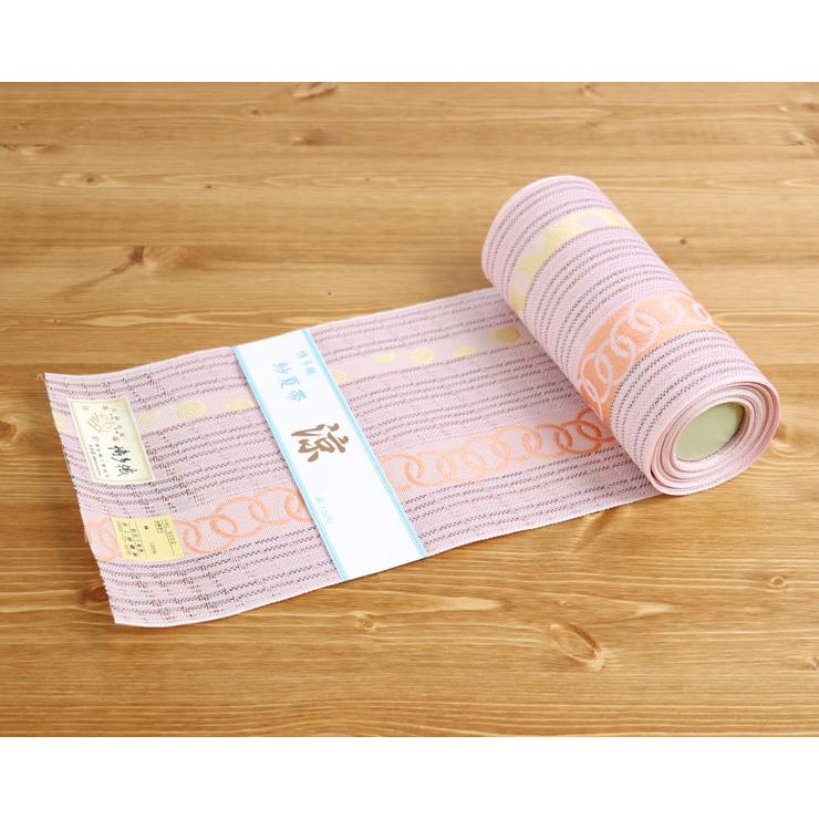正絹 博多織 紗 小袋帯 半幅帯 さくらピンク 極美品 本場筑前「博多織」紗夏帯 - 献上柄 輪繋ぎ(ピンク) 正絹 半幅帯