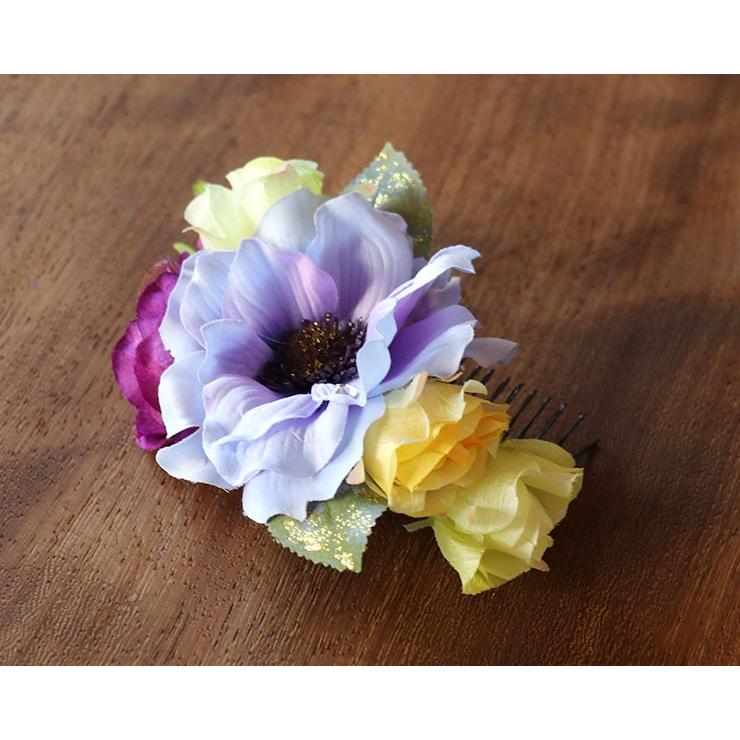 髪飾り コサージュ アネモネと薔薇にパール飾り 4点セット 紫 コーム 