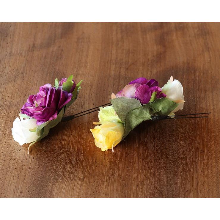 髪飾り コサージュ アネモネと薔薇にパール飾り 4点セット 紫 コーム 