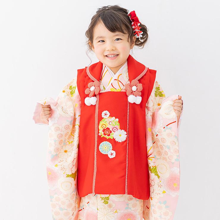 七五三 被布セット3歳 牡丹に花薬玉(ピンク 被布:赤) 三つ身 七五三 被布セット3歳 牡丹に花薬玉(ピンク 被布:赤) 三つ身