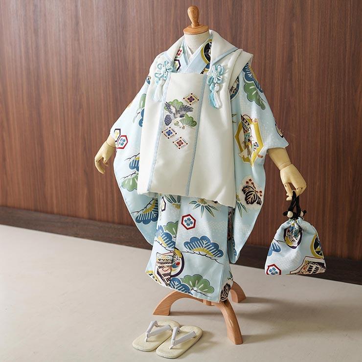 七五三 着物 3歳 男 被布セット 松に武具 水色 被布 白 753 フル 七五三 着物 3歳 男 被布セット 松に武具 水色 被布 白 753 フル