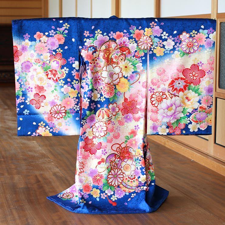 初着 お宮参り 正絹 女の子 産着 鼓と鞠と八重桜 青 一つ身 金刺繍 鈴
