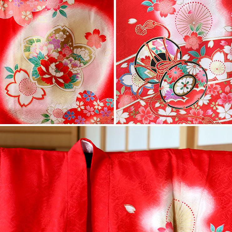赤ちゃん お宮参り 服 産着 着物 女の子 初着 御所車に桜(赤色) 正絹