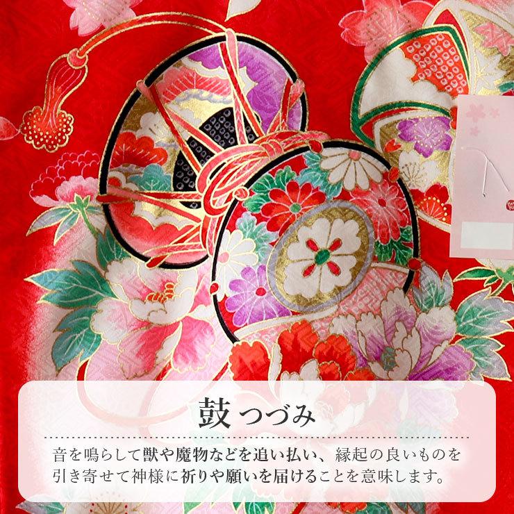 女の子初着 正絹 赤  鼓と牡丹 赤ちゃん お宮参り 服 産着 着物 女の子 初着 花鼓に桜(赤色) 正絹 の