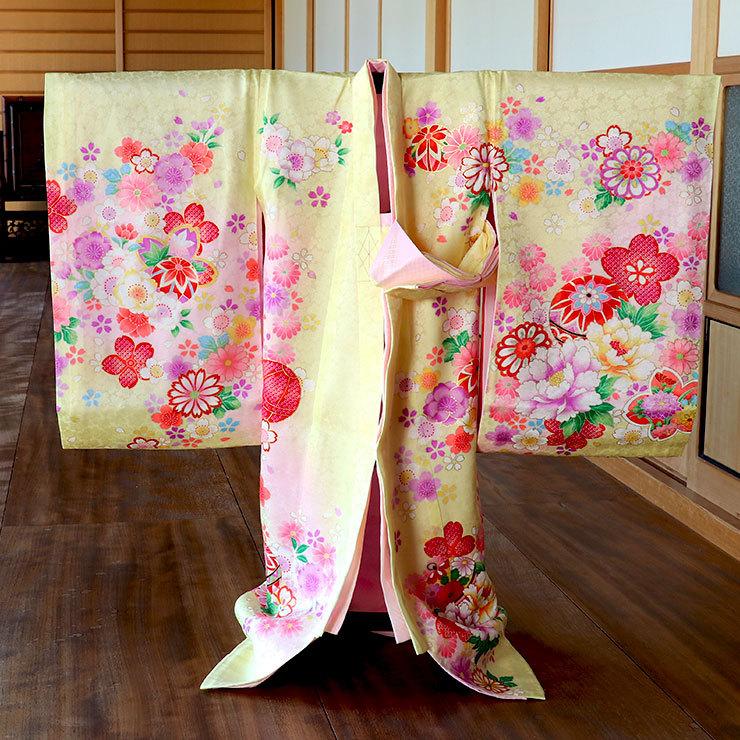 赤ちゃん お宮参り 服 産着 着物 女の子 初着 鼓に花尽くし(黄色) 正絹