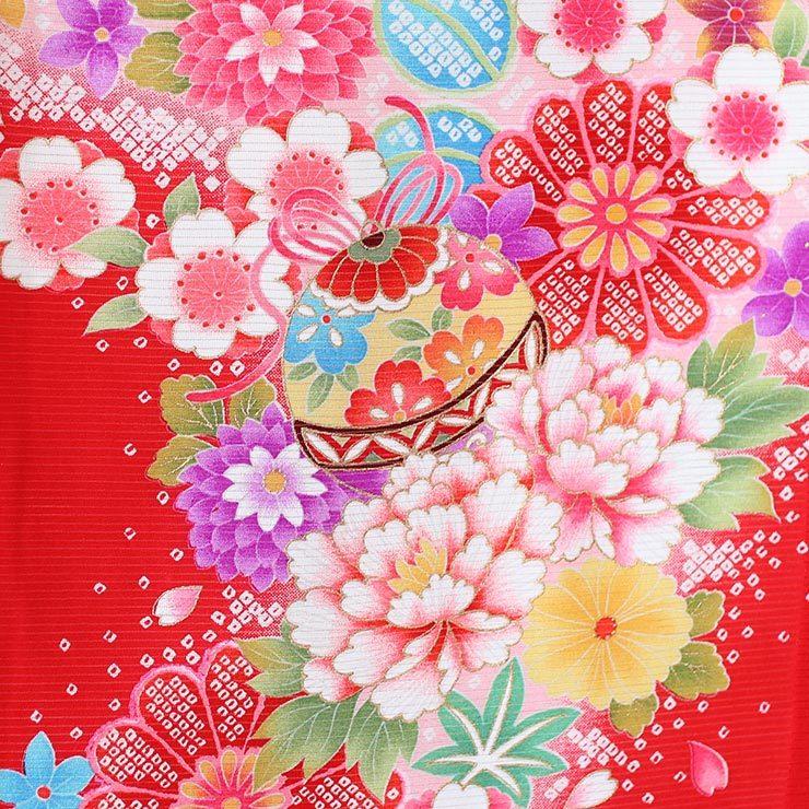 夏用 絽 ] お宮参り 女の子 初着 産着 鈴に花尽くし 赤 正絹 一つ身