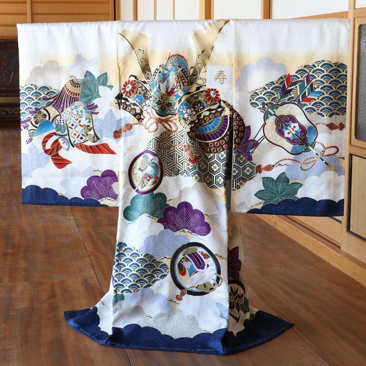 お宮参り 男の子 初着 産着 兜に打ち出の小槌(白色) 正絹 一つ身 兜 松