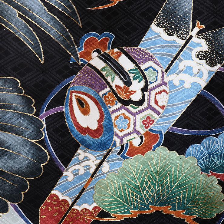 お宮参り 男の子 初着 産着 鷹に陣太鼓 黒色 正絹 一つ身 鷹 防具 松