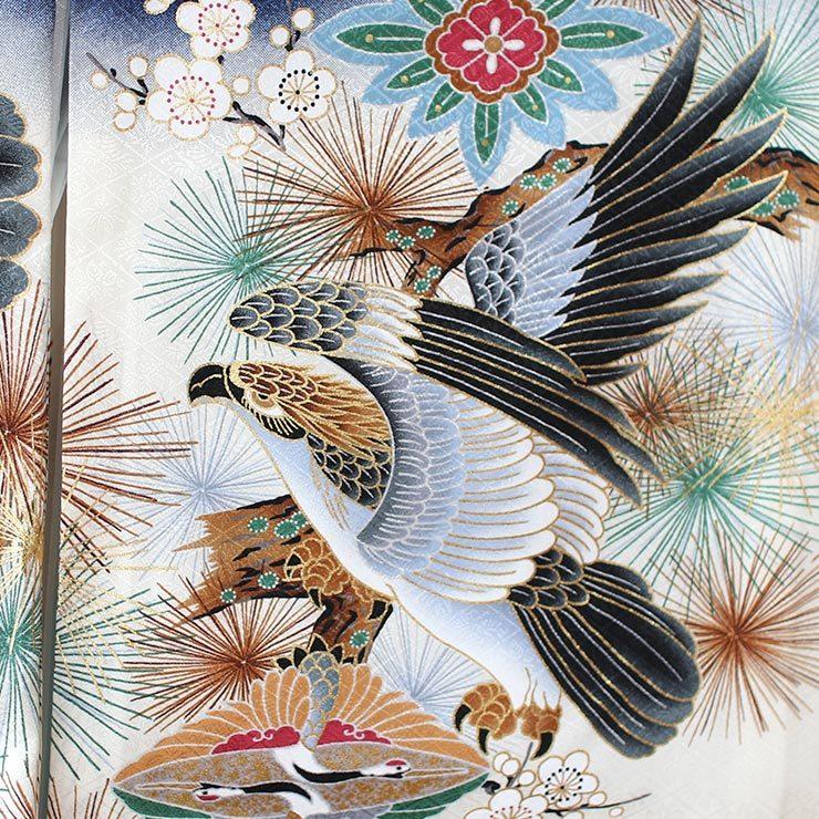 お宮参り 着物 赤ちゃん 男の子 初着 産着 鷹に虎 紺色 正絹 のしめ