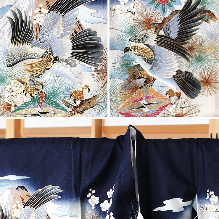 お宮参り 着物 赤ちゃん 男の子 初着 産着 鷹に虎 紺色 正絹 のしめ