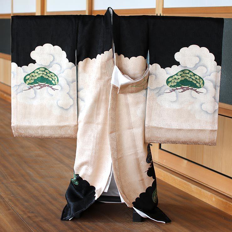 初着 産着 お宮参り 男の子 龍に兜 黒色 正絹 のしめ 一つ身 富士山 雲