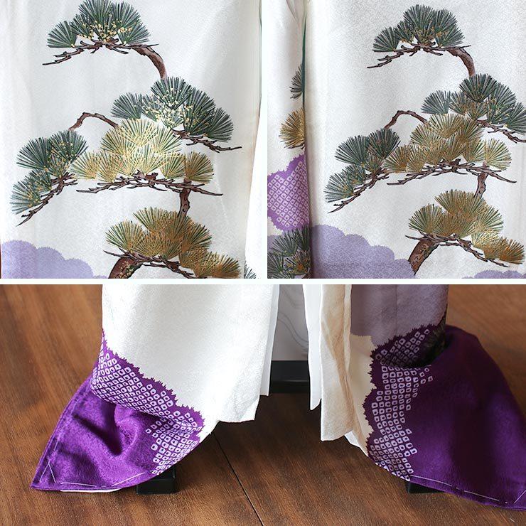 正絹] お宮参り 男の子 初着 産着 鷹に松と橋 白 紫 のしめ 一つ身