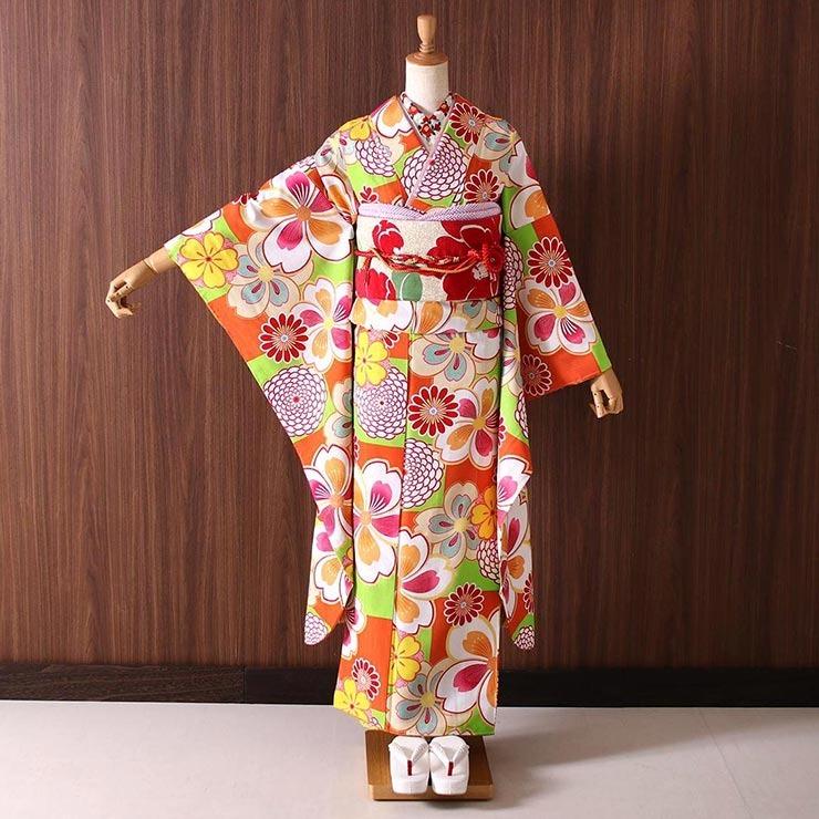 レディース 着物 振袖 成人式 コーディネート 7点 市松に桜菊 赤橙