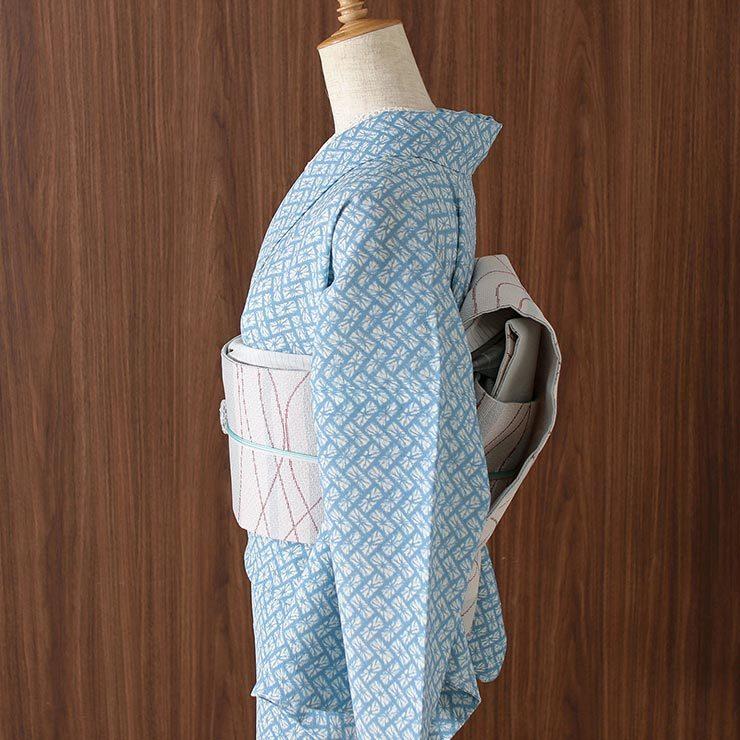 帯 名古屋帯 洗える 京袋名古屋帯 単衣 用 縞に流線 水縹×赤 日本製