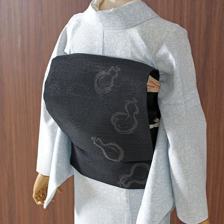 美品　格子にひょうたん　正絹　織り　名古屋帯　茶　長さ366センチ 絹100% 西陣織 名古屋帯] 正絹 れん 別誂え 名古屋帯 幾何学模様 段