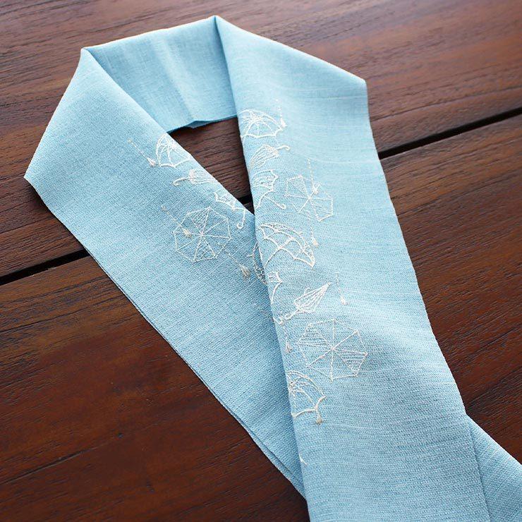 小物 半衿 単衣 刺繍半衿 アンブレラ (麻風 空色×白) 半襟 カジュアル