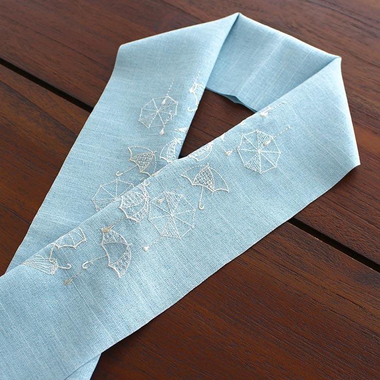 小物 半衿 単衣 刺繍半衿 アンブレラ (麻風 空色×白) 半襟 カジュアル