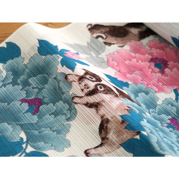 浴衣 夏着物向け 反物「京都・岡重」 - 綿絽・牡丹と犬(水浅葱 浴衣 夏着物向け 反物「京都・岡重」 - 綿絽・牡丹と犬(水浅葱