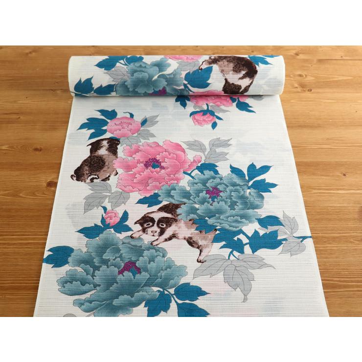 浴衣 夏着物向け 反物「京都・岡重」 - 綿絽・牡丹と犬(水浅葱 浴衣 夏着物向け 反物「京都・岡重」 - 綿絽・牡丹と犬(水浅葱