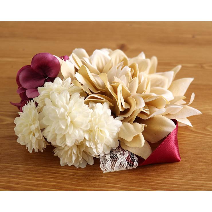 髪飾り コサージュ（クリップ） ダリア 小菊リボンとレース添え（オフ
