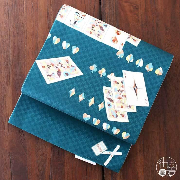 京袋帯 名古屋帯 日本製 染 トランプ ブルーグリーン (2304) 京袋  