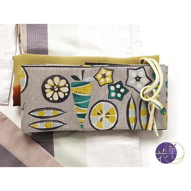 召しませ花細帯 半巾帯 紬風野菜並びグレー両面OK リバーシブル 日本製