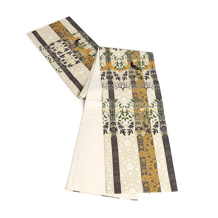 召しませ花」京袋帯(正絹 染) - ストライプ花鳥紋(イエロー 召しませ花」京袋帯(正絹 染) - ストライプ花鳥紋(イエロー