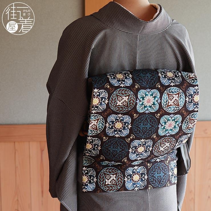 年末のプロモーションの召しませ花 京袋帯 正絹 染 着物 浴衣 レディースファッション 葉っぱ切り絵 焦げ茶 茶色 Tk 58 B 京袋名古屋帯 なごや帯 植物 幾何学模様 茶色 ブラウン 焦茶 こげ茶 七宝 花柄 大人 ブランド Nkcon 2613 街着屋 きもの遊び 人気大好評大