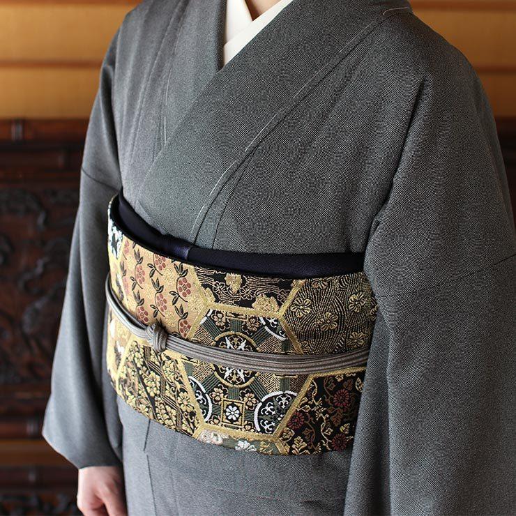 シルック [ 東レシルック 糸使用] 洗える 袋帯 織・亀甲に変わり紋 (黒