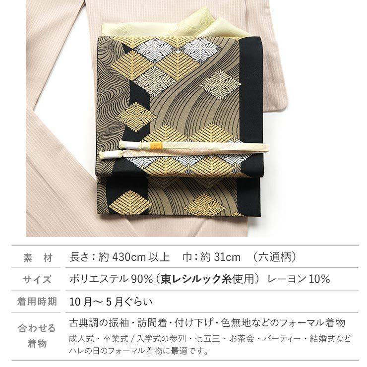袋帯 全通柄 纐纈 膨れ織 赤色 黒色 抽象 正絹 カジュアル 着物帯 仕立て上がり 長さ436cm 【キモノオフ野々市若松店】 袋帯 正絹 リサイクル 全通 黒地 ブルー系 エキゾチック 花柄 タイル風