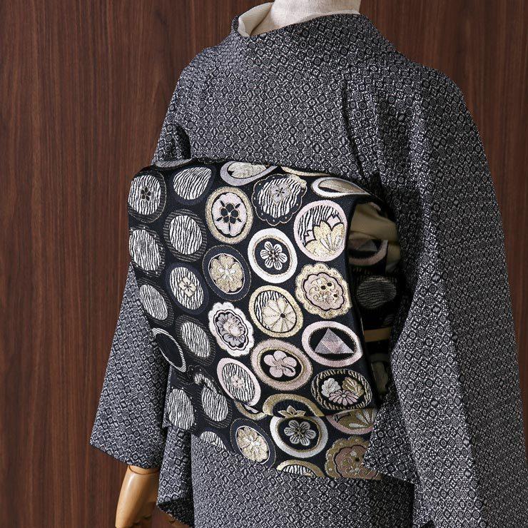 シルック [ 東レシルック 糸使用] 洗える 袋帯 織・紋並べ（黒）花