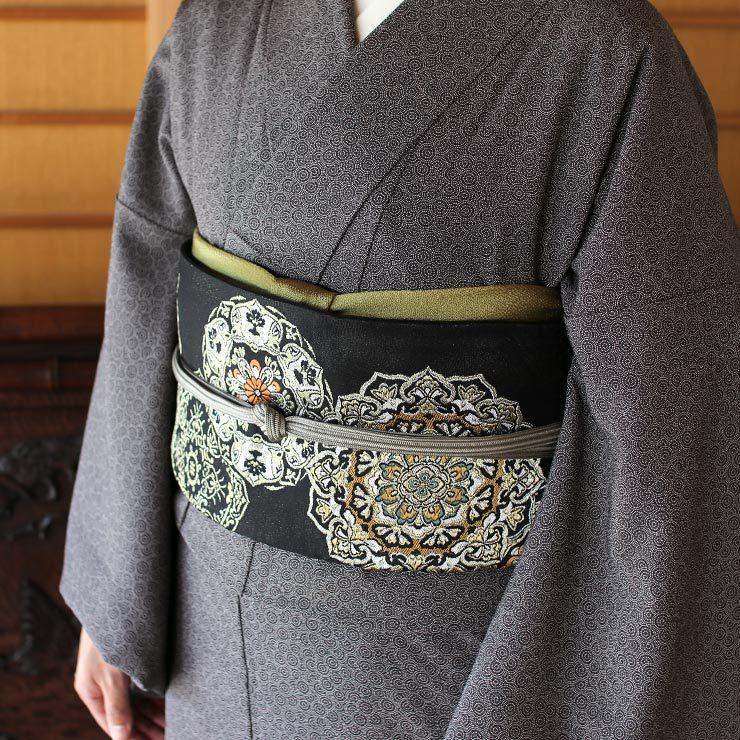 シルバーと黒の袋帯 シルック [ 東レシルック 糸使用] 洗える 袋帯 織・華紋繋ぎ(黒