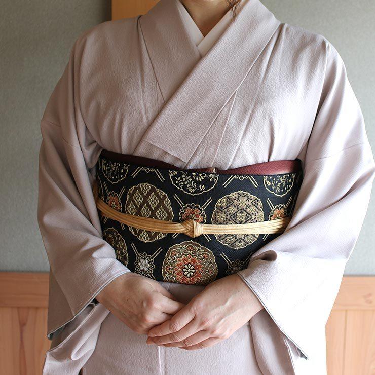 シルック [ 東レシルック 糸使用] 洗える 袋帯 織・格子に大華紋（黒