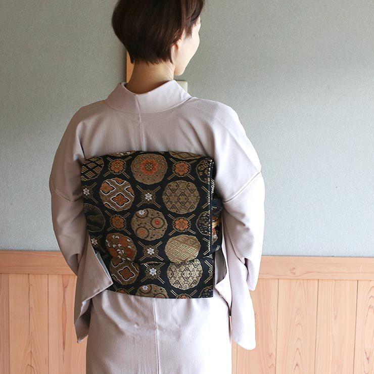 シルック [ 東レシルック 糸使用] 洗える 袋帯 織・格子に大華紋（黒