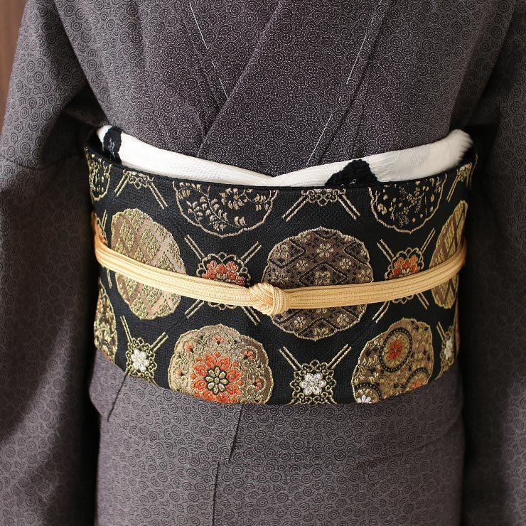 シルック [ 東レシルック 糸使用] 洗える 袋帯 織・格子に大華紋（黒