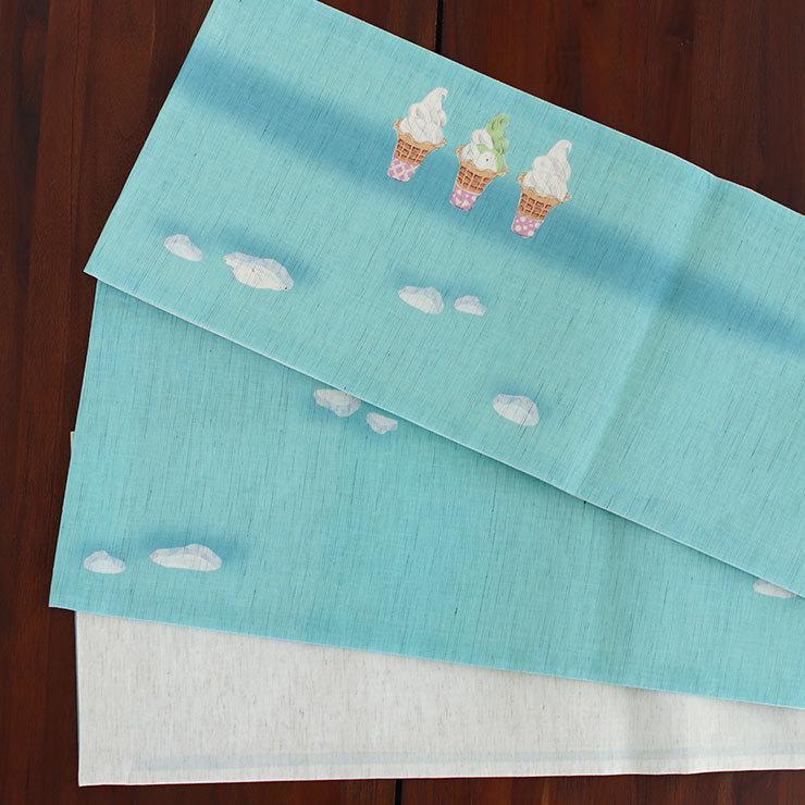 夏帯] 夏名古屋帯 白クマ ソフトクリーム (麻/水色/950-2315) 麻