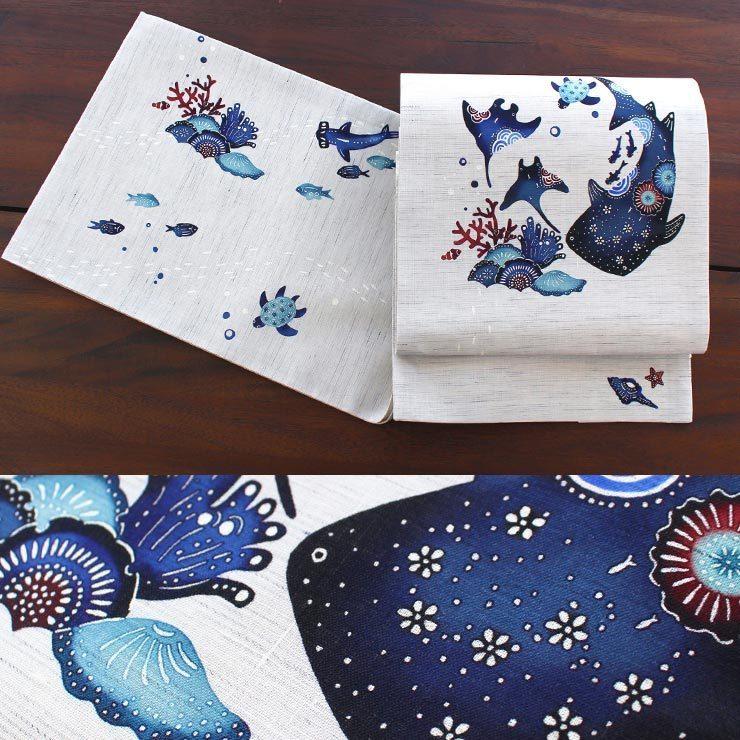 夏帯] 夏名古屋帯 うみあそび (麻/紺/950-2672) リネン 日本製 生成り