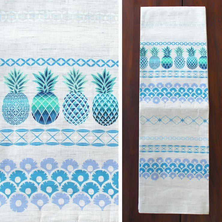 夏帯] 夏名古屋帯 パイナップル (麻/ブルー) リネン 日本製 生成り