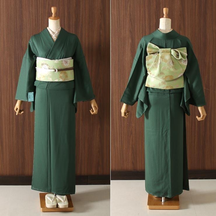 【美品✨】洗える着物　単衣　色無地　化繊　くすんだ緑色　Mサイズ相当　E3 洗える着物 色無地 単衣 仕立て上がり 日本製 東レ 若草色 S M L