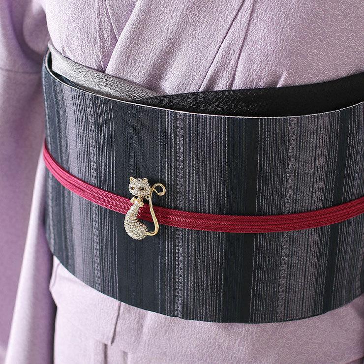 シルック 帯 半幅帯 細帯 長尺 洗える 半巾帯 織 縞に草花 パール