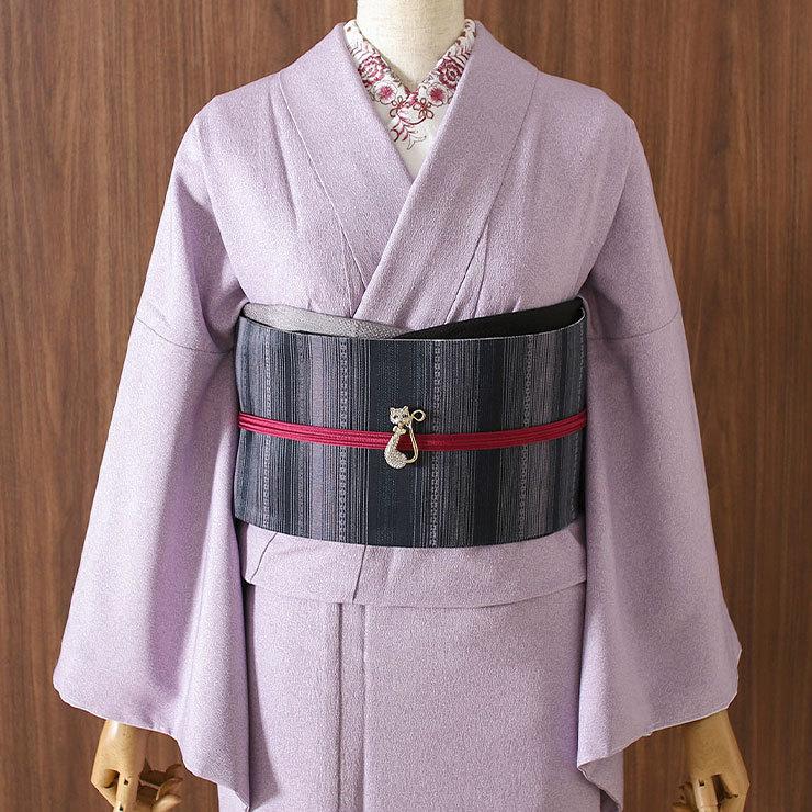 シルック 帯 半幅帯 細帯 長尺 洗える 半巾帯 織 縞に草花 パール