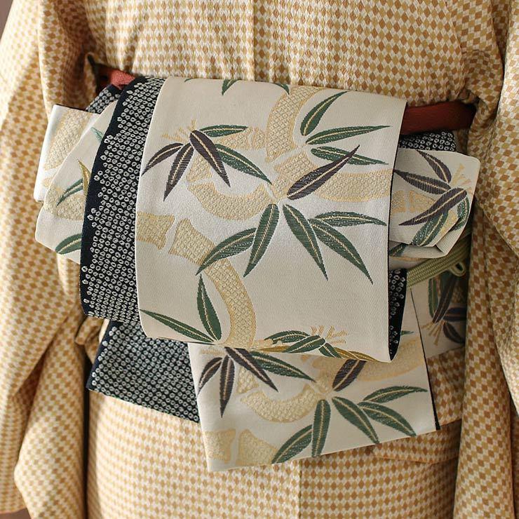 半幅帯 未使用 シルック 帯 半幅帯 細帯 長尺 洗える 半巾帯 織 竹輪に笹 アイボリー