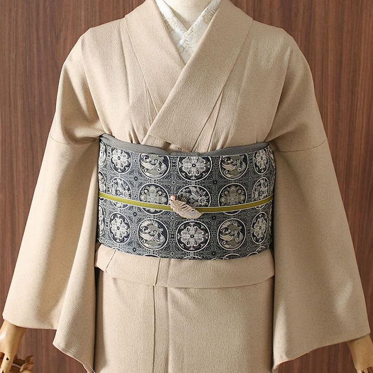 シルック 帯 半幅帯 細帯 長尺 洗える 半巾帯 織 花鳥丸紋 黒