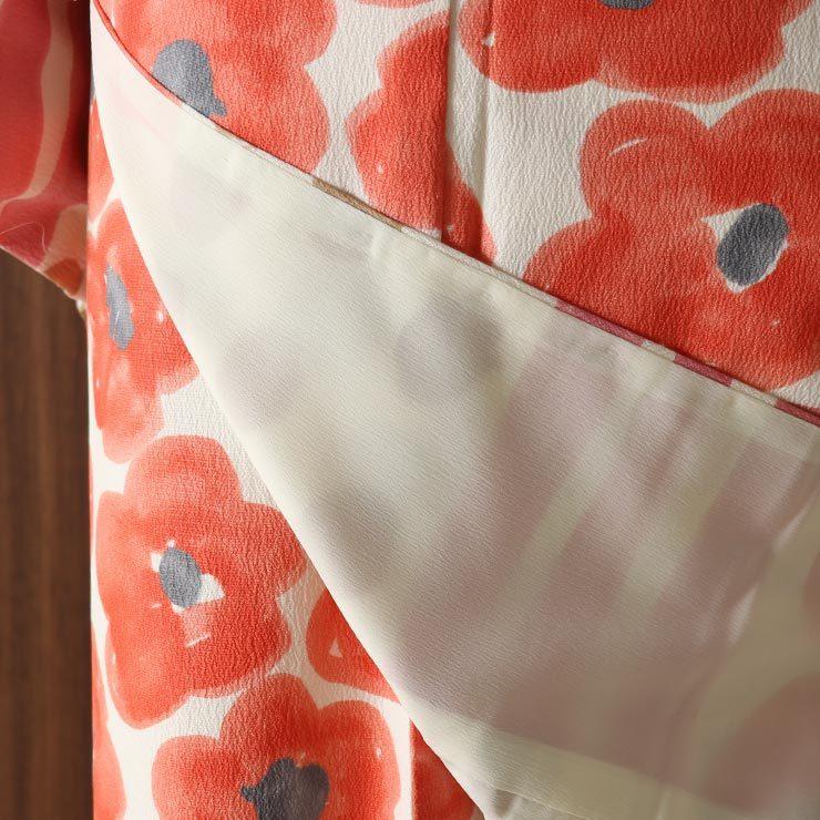 洗える 小紋 着物 袷 フラワー横段 オフシロ 赤 (282-b) 日本製 プレタ