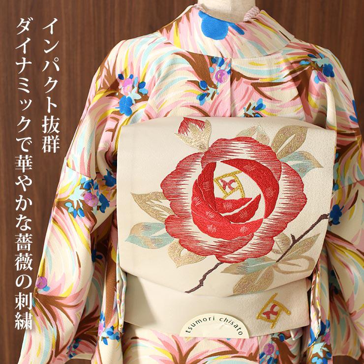 京袋帯 なごや帯 夢バラ 刺繍 オフ白 お太鼓柄 名古屋帯 一重太鼓袋帯