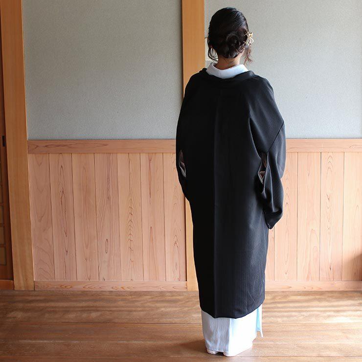 洗える 長羽織 女性 色無地 格子地紋 黒色 ブラック 袷 日本製 着物