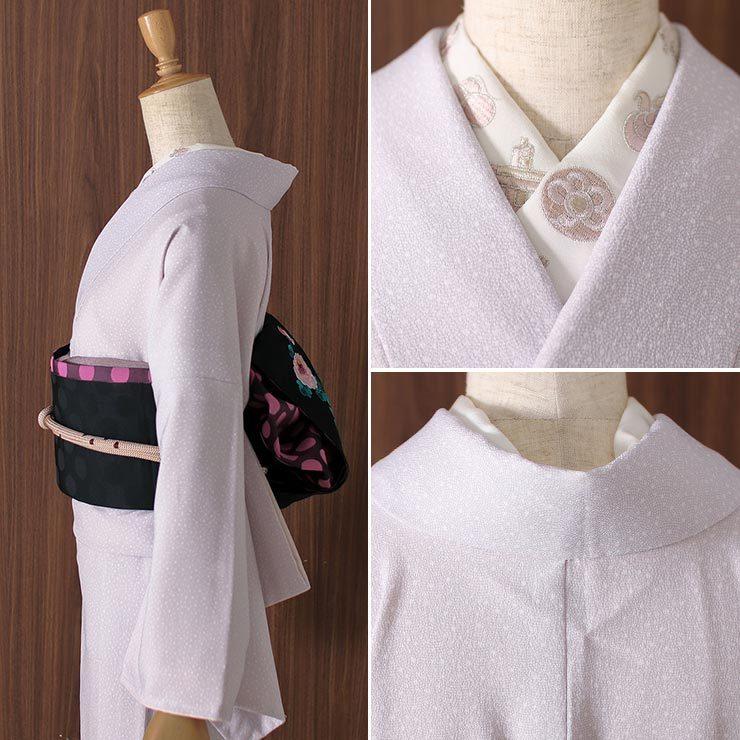 作家もの　付け下げ　ちりめん　鮫小紋　江戸小紋　ぼかし染　着物　019k 未使用 鮫小紋 色無地 一つ紋 正絹 着物 ちりめん 紫 半色 1067