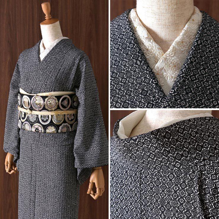 洗える着物 江戸小紋 単衣 レディース 段違い市松 黒 M L サイズ 日本