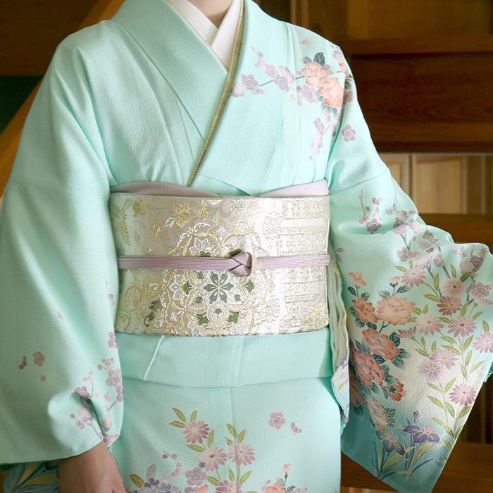 AAお仕立て上がり訪問着青色、白、緑色地に鹿柄化繊 | ヤマダウェブコム